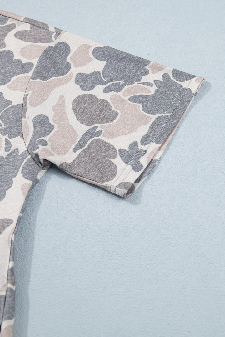 Multicolour Camouflage Print Short Sleeve Drop Shoulder Side Slit Casual Dress