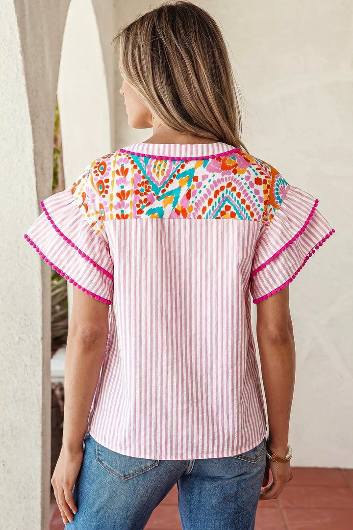 Mixed Print Contrast Trim Striped Patchwork Tiered Short Sleeve Blouse