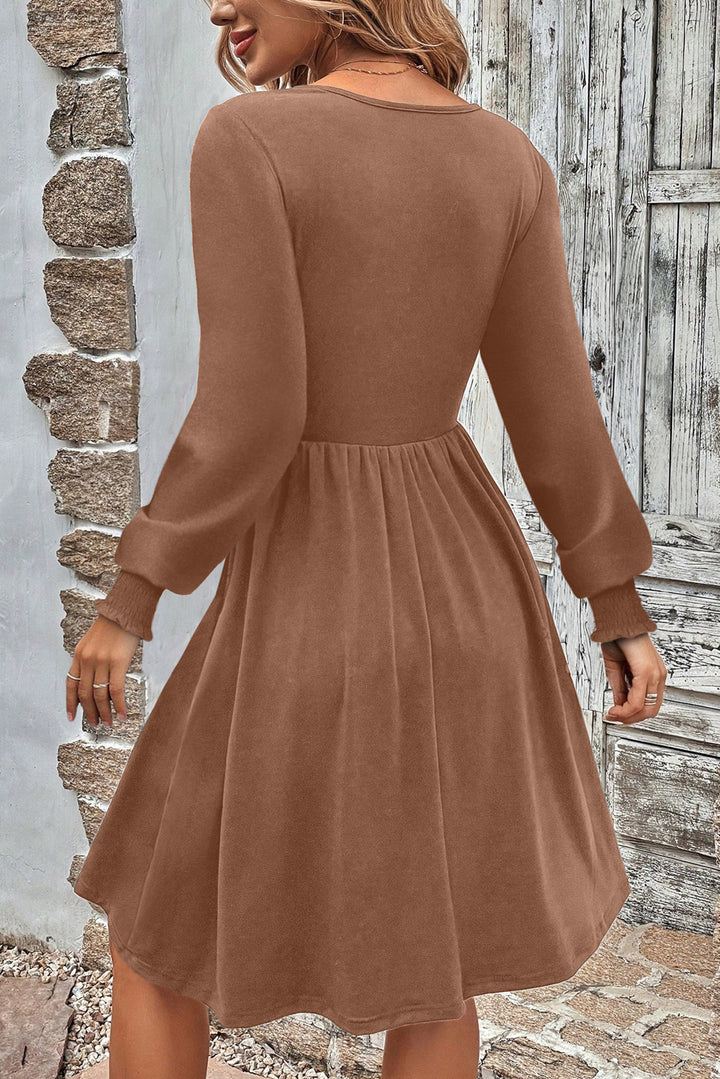 Chestnut Shirred Cuff Long Sleeve Button Round Neck Mini Dress