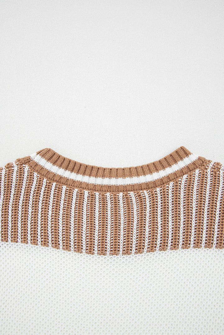 Khaki Two Tone Striped Patchwork Drop Shoulder Loose Sweater