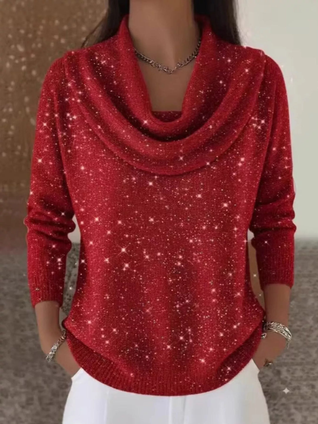 Full Size Glitter Cowl Neck Long Sleeve Sweater Plus Size