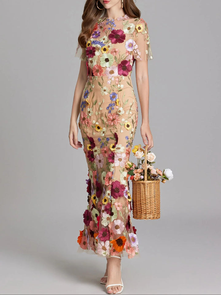 Floral Embroidered Mesh Overlay Maxi Dress