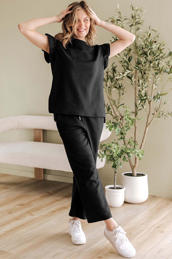 Black Ruffled Sleeve Summer Top and Cropped Loose Pants Set
