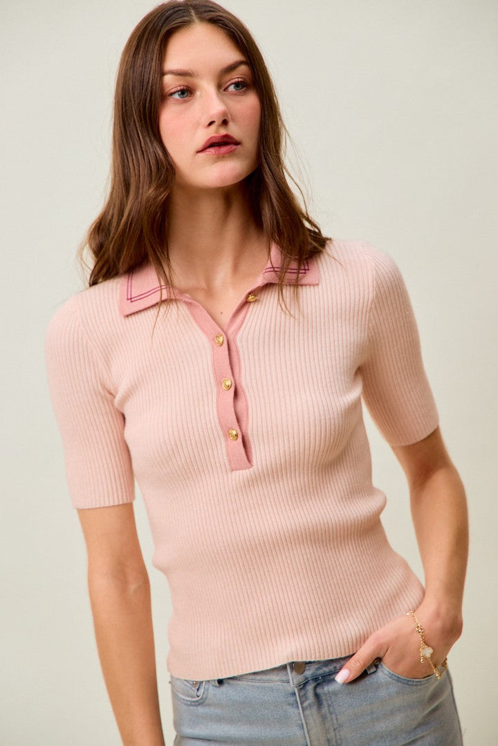 SO ME Contrast Collar Stretchy Rib Knit Short Sleeve Top