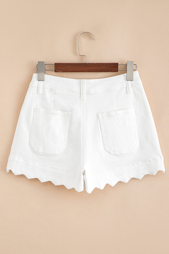 White Scalloped Hemline Acid Wash High Waist Denim Shorts