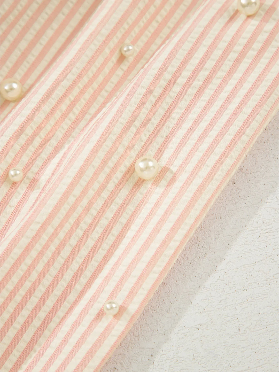 Stripe Bow Knot Cuff Pearl Embellished Puff Sleeve V Neck Blouse
