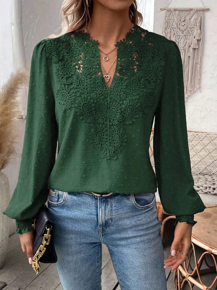 Swiss Dot Lace Detail Notched Long Sleeve Blouse