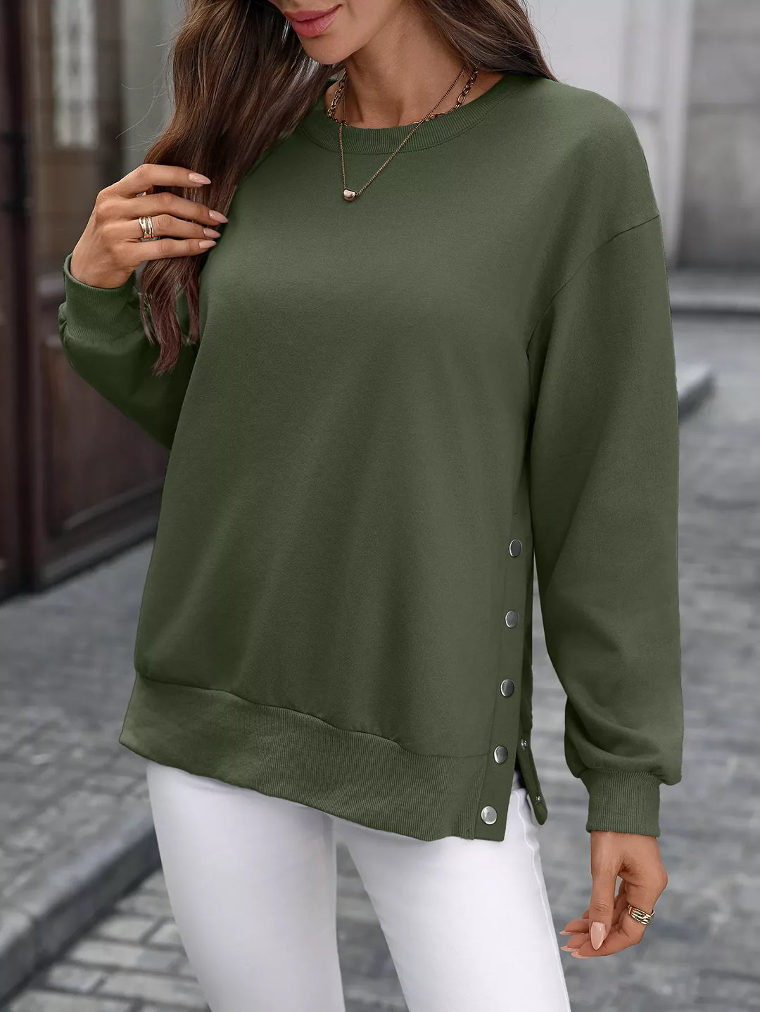 Side Snap Round Neck Sweatshirt