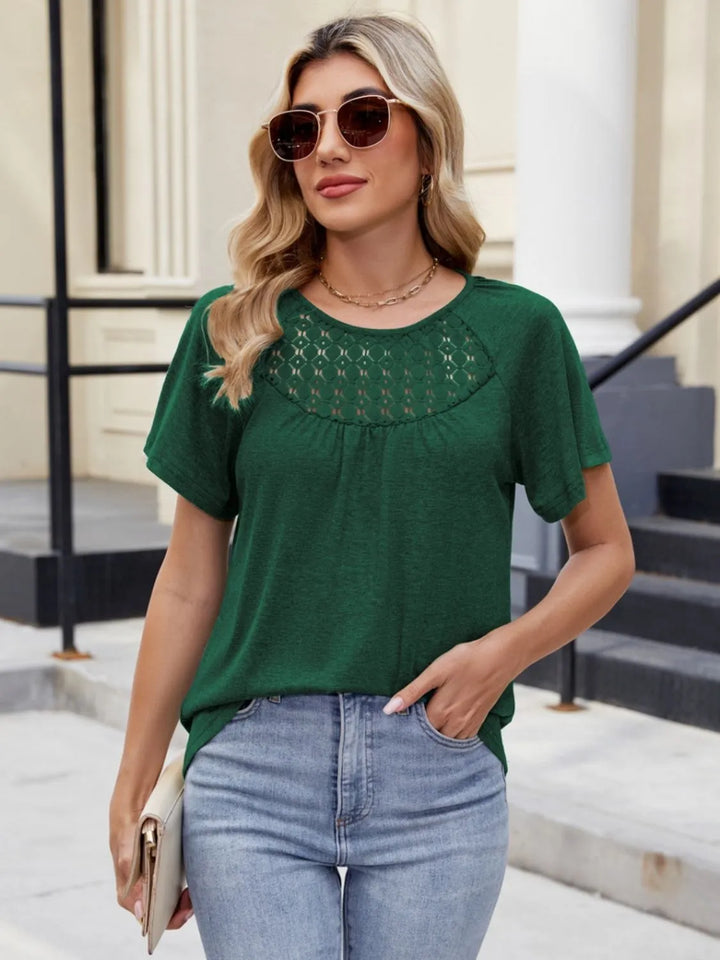 Lace Detail Round Neck Short Sleeve Blouse