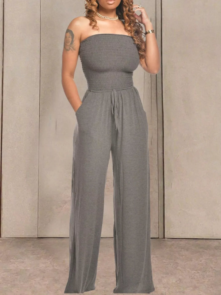 Strapless Smocked Wide-Leg Jumpsuit