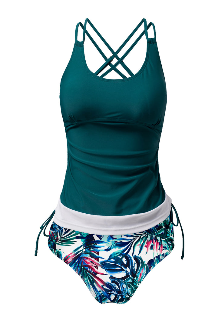 Sea Green Drawstring Tummy Control Mix-and-match 2pcs Tankini Swimsuit