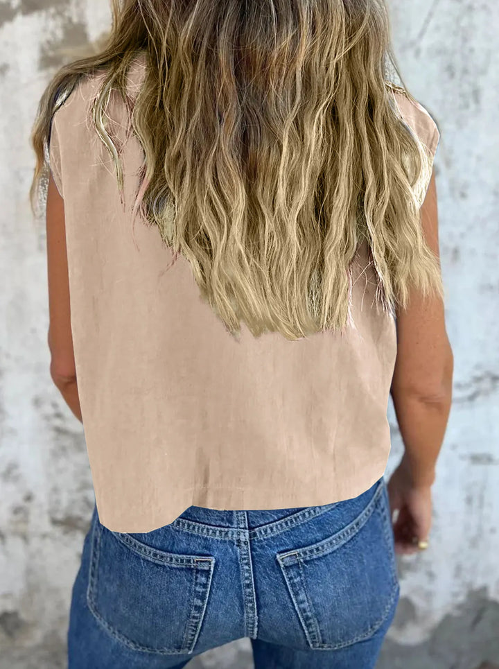 Full Size Button Down Cap Sleeve Linen Shirt Plus Size