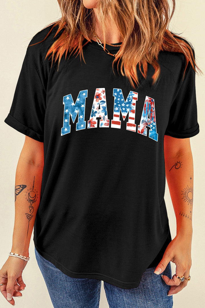 Black MAMA Patriotic Floral Flag Inspired Graphic Tee