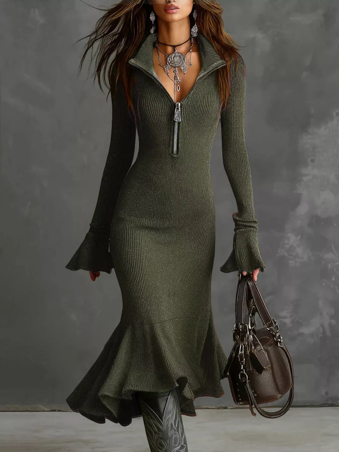 Ribbed Knit Zip Front Flare Hem Midi Dress