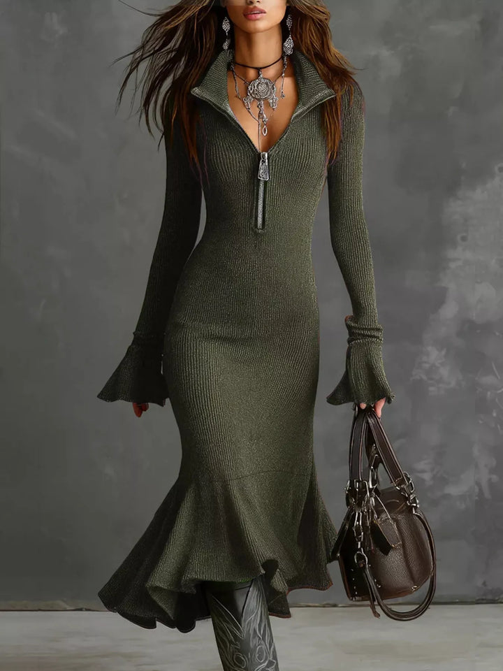 Ribbed Knit Zip Front Flare Hem Midi Dress