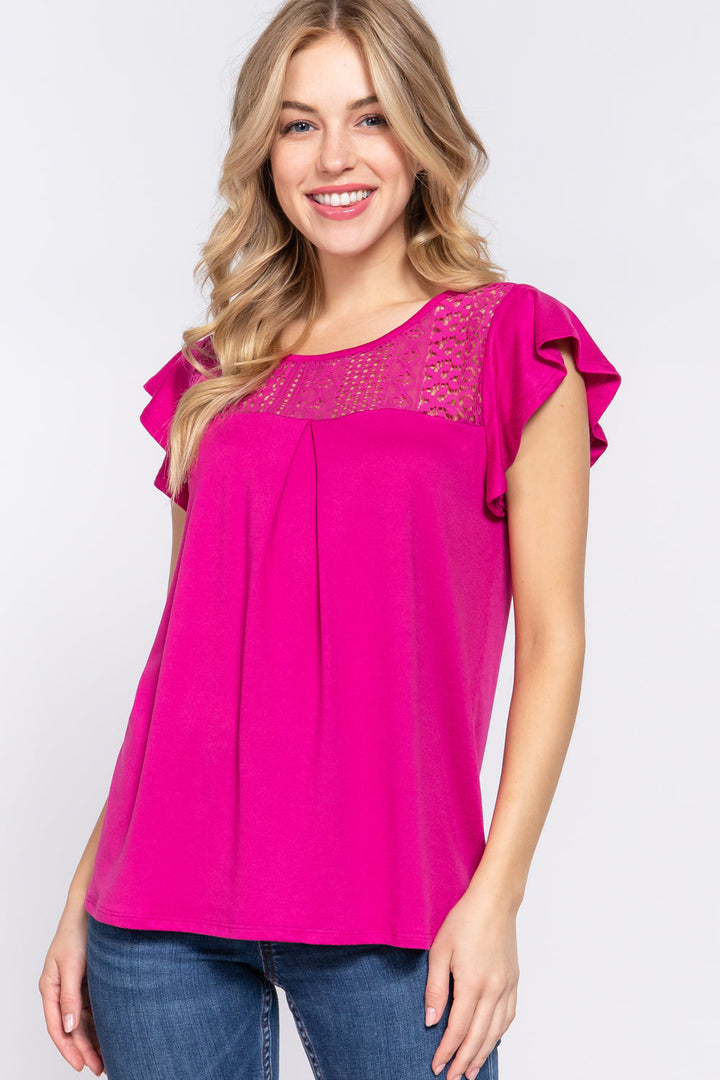Ruffle Sleeve Knit Top with Lace Detail