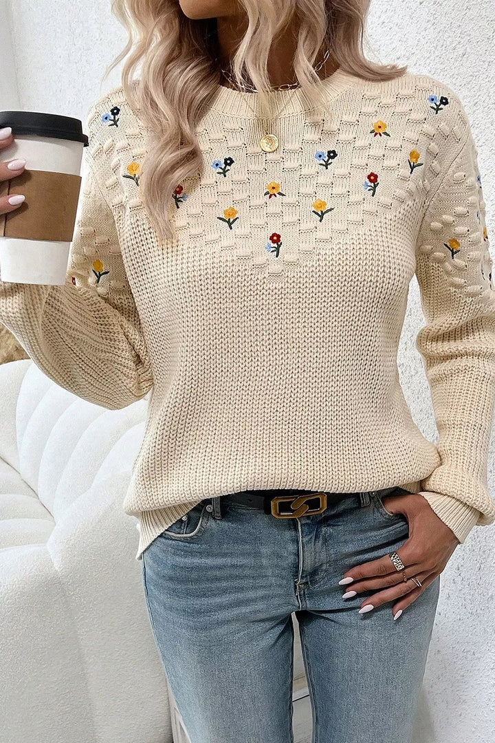 Floral Round Neck Dropped Shoulder Sweater