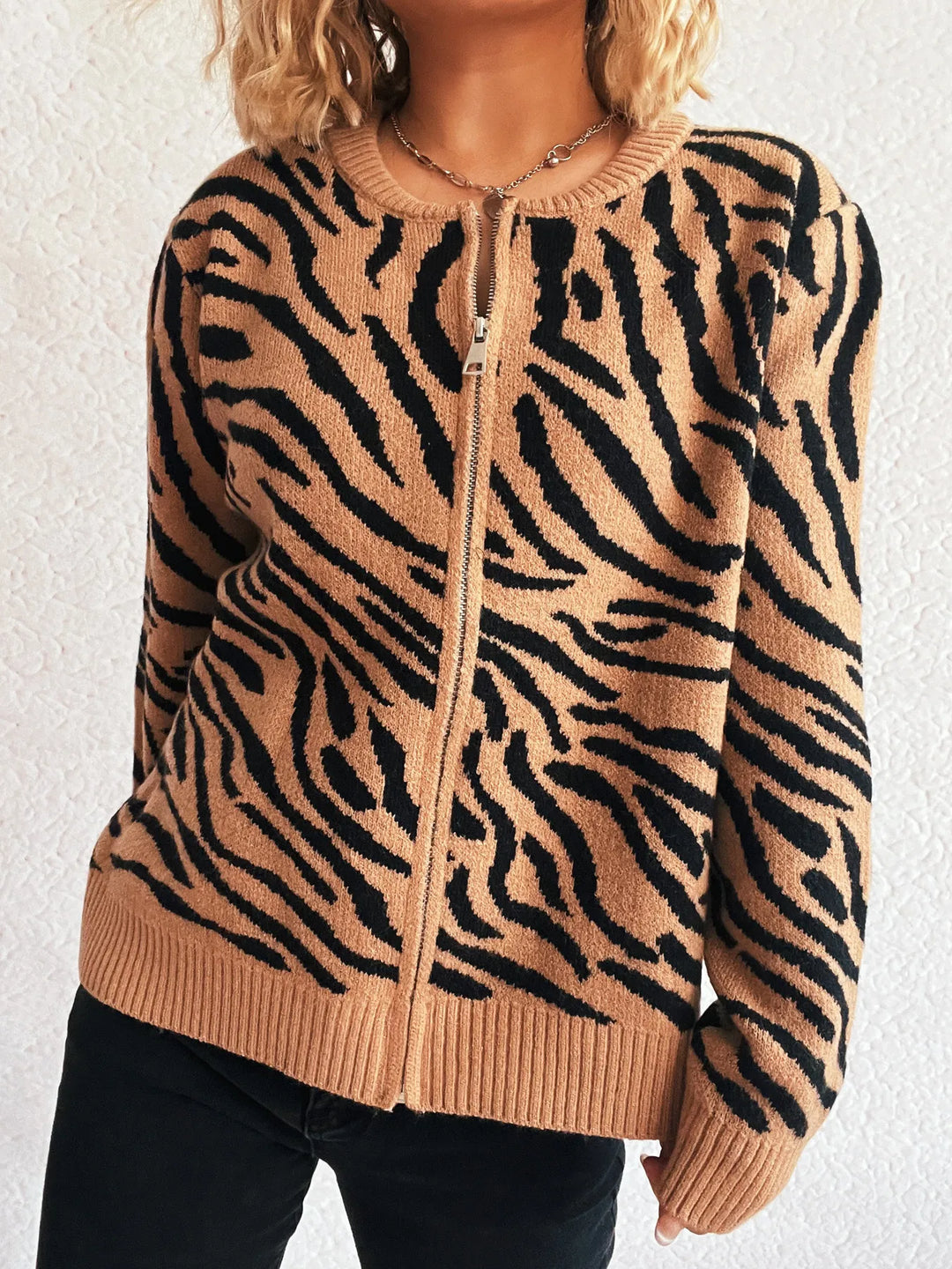 Zebra Print Zip Up Cardigan