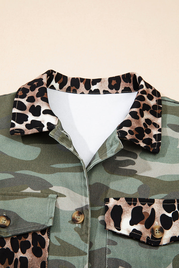 Green Camo Leopard Patchwork Flap Pocket Crop Jacket