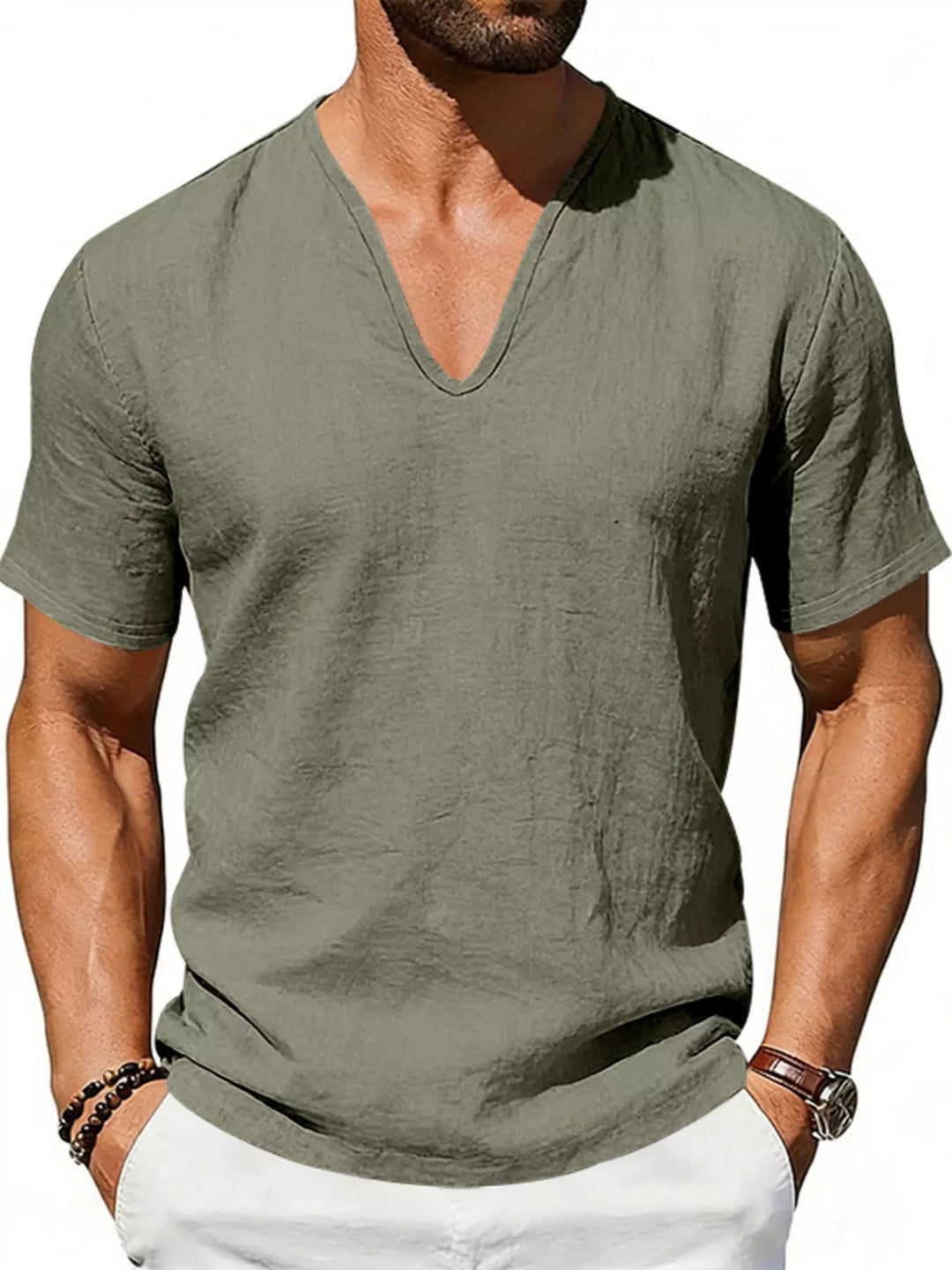 Men's Full Size Casual V-Neck Linen T-Shirt Plus Size