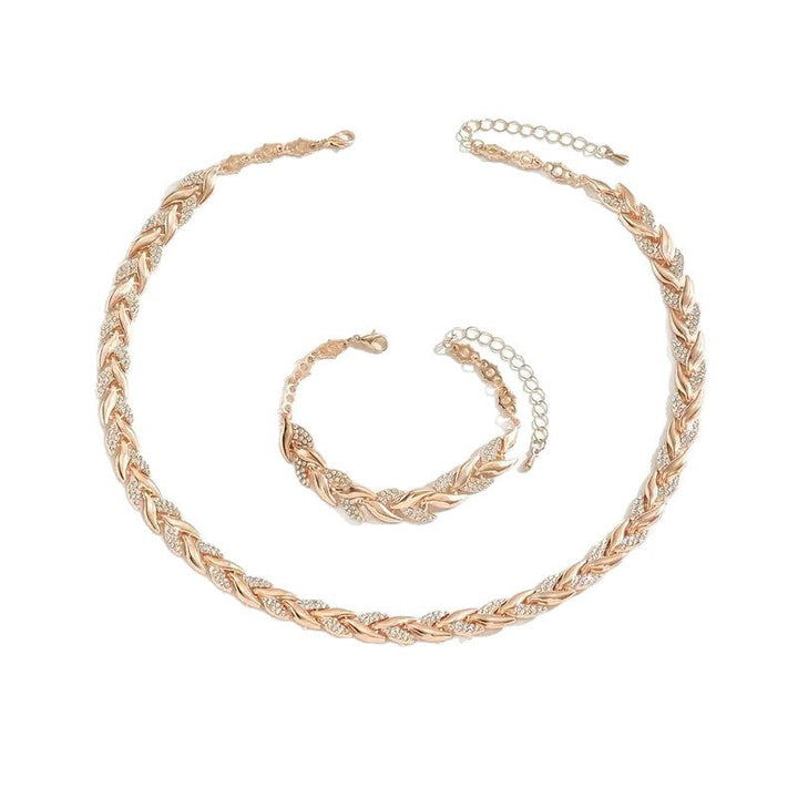 2PCS Glass Leaf Necklace Set Elegant Rhinestone Chain Necklace Bracelet For Women Fashion Luxury Jewelry Set