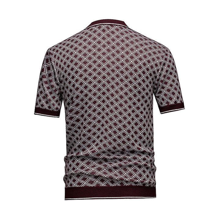 Men's Short Sleeve Knit Polo Shirt, Burgundy Diamond Geometric Jacquard, Smart Casual Retro Style, Breathable Knitted Top
