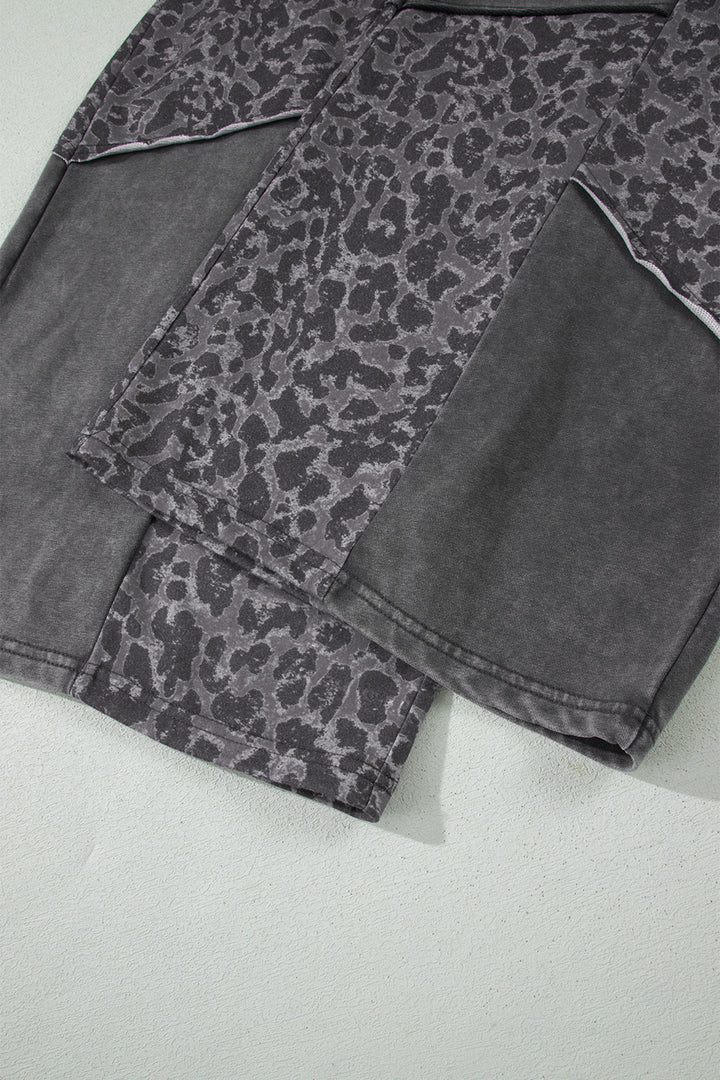 Dark Grey Plus Size Leopard Patchwork Mineral Wash Wide Leg Pants