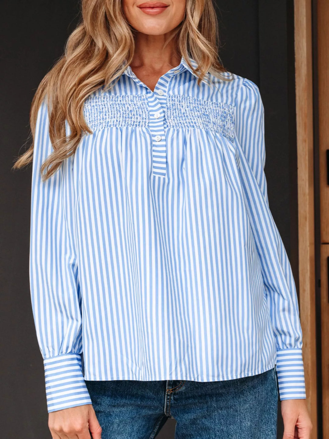 Stripe Shirred Detail Half Placket Collared Long Sleeve Shirt