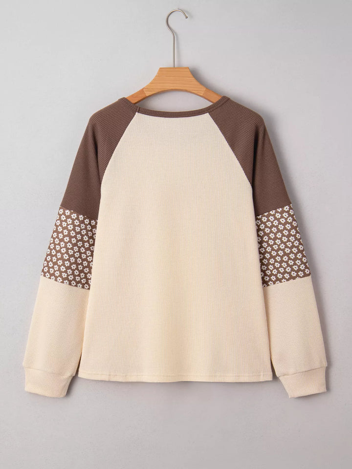 Floral Print Patchwork Color Block Long Sleeve Top