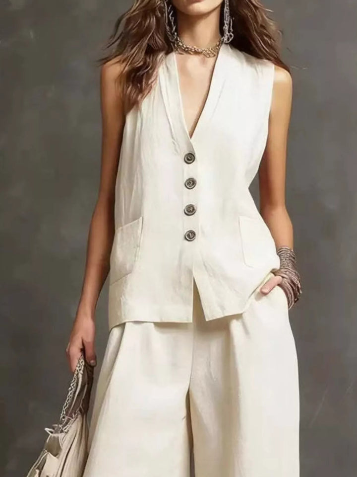 Full Size Sleeveless Vest and Wide-Leg Pants Set Plus SIze