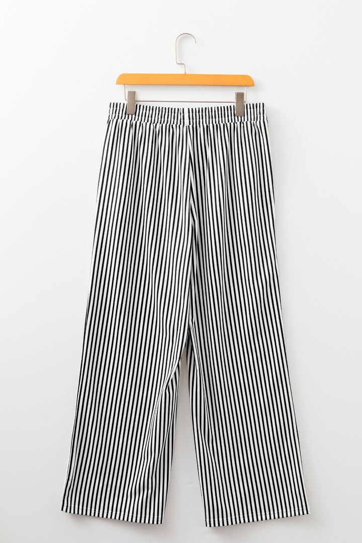 Black Stripe Elastic High Waist Pocketed Loose Pants
