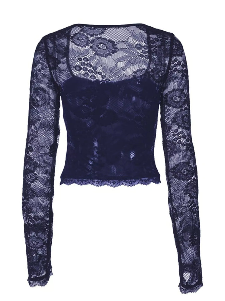 Sheer Lace Sleeve Square Neck T-Shirt
