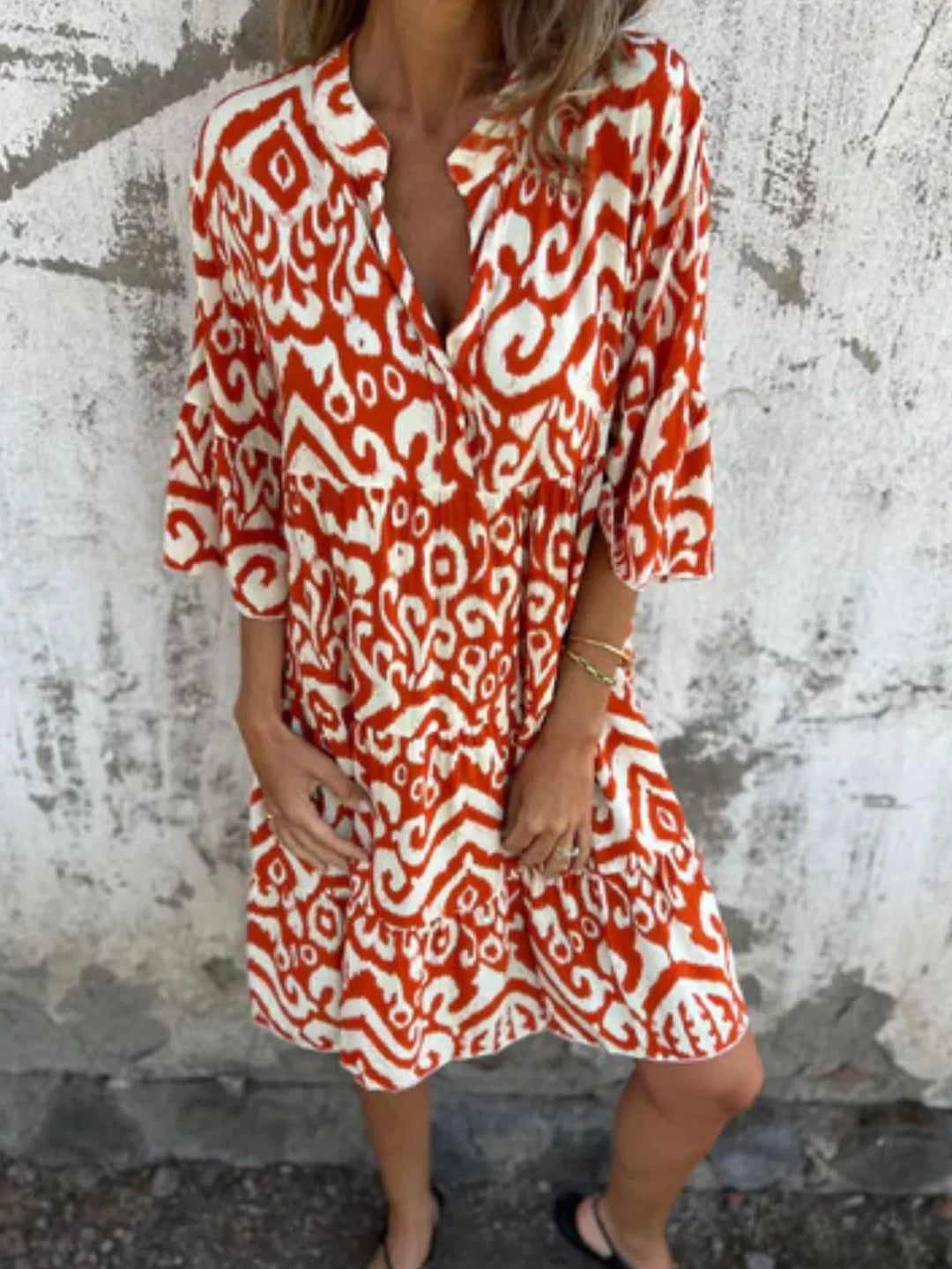 Full Size Printed Notched Half Sleeve Dress Plus Size