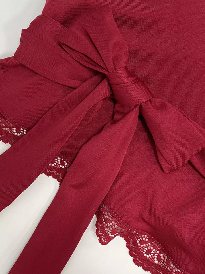 Lace Trim Bell Sleeve Tie Blouse