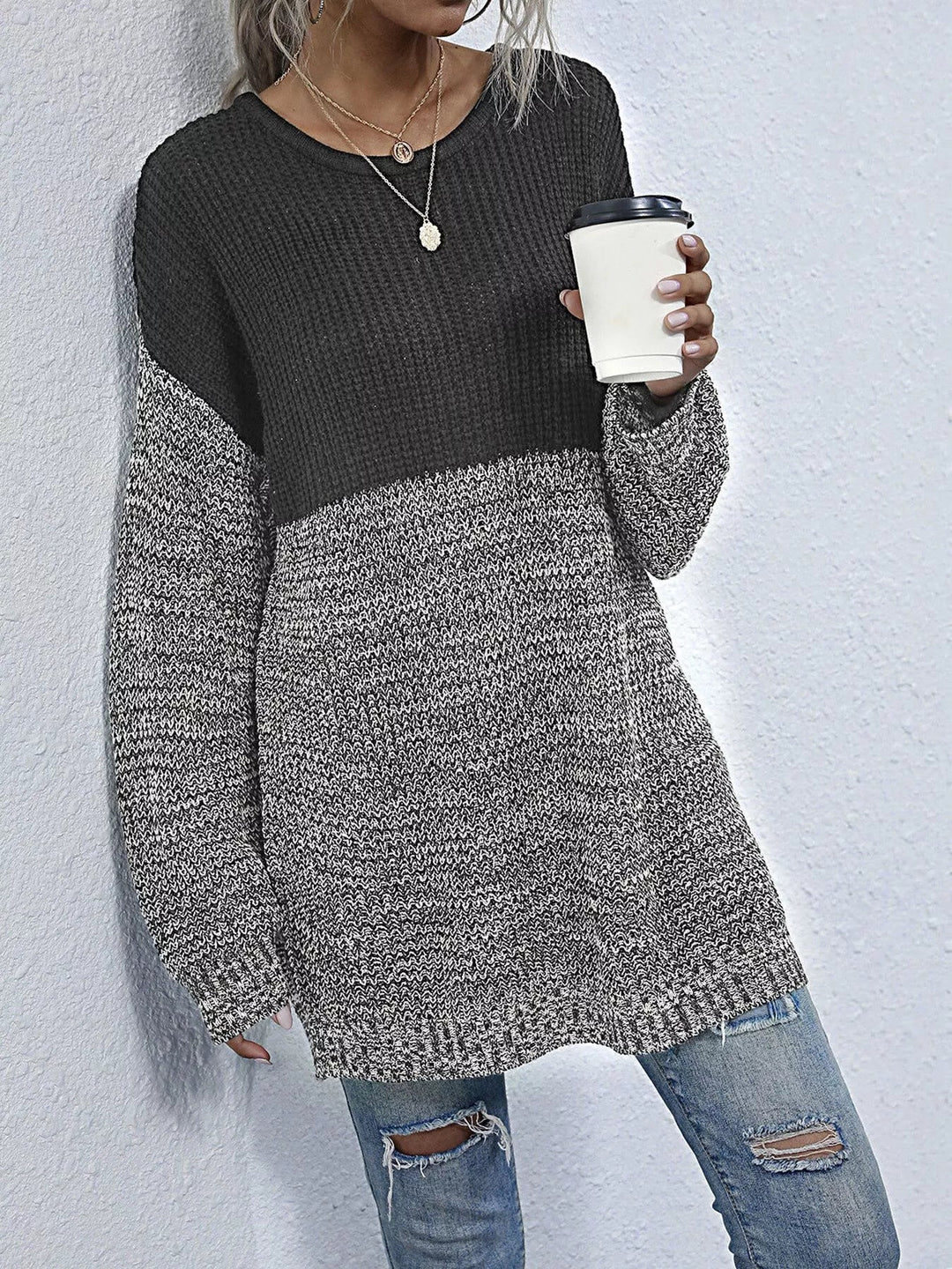 Color Block Long Sleeve Oversized Sweater