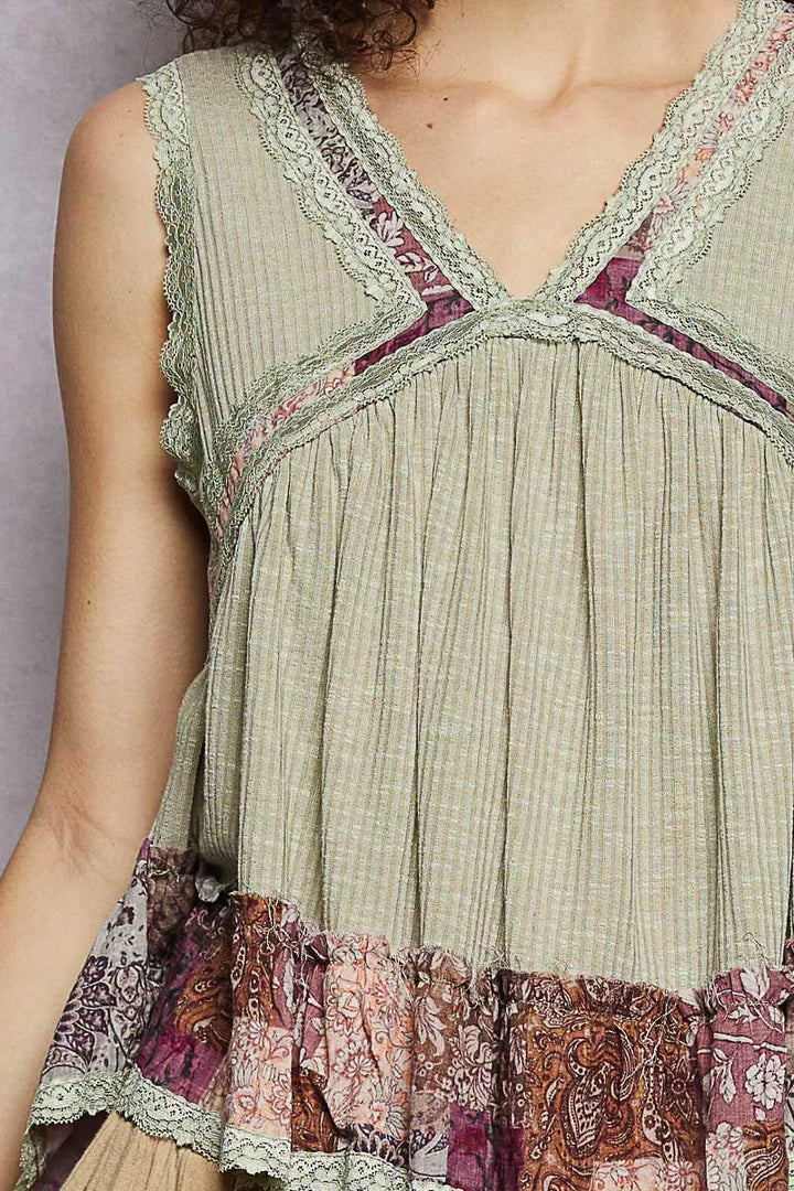 POL Lace Detail Ruffled Ribbed Sleeveless Top with Floral Pattern Trim Detail