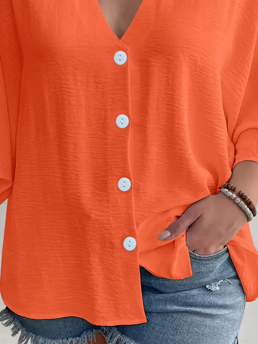 Full Size Casual V-Neck Button Down Relaxed Fit Blouse Plus Size