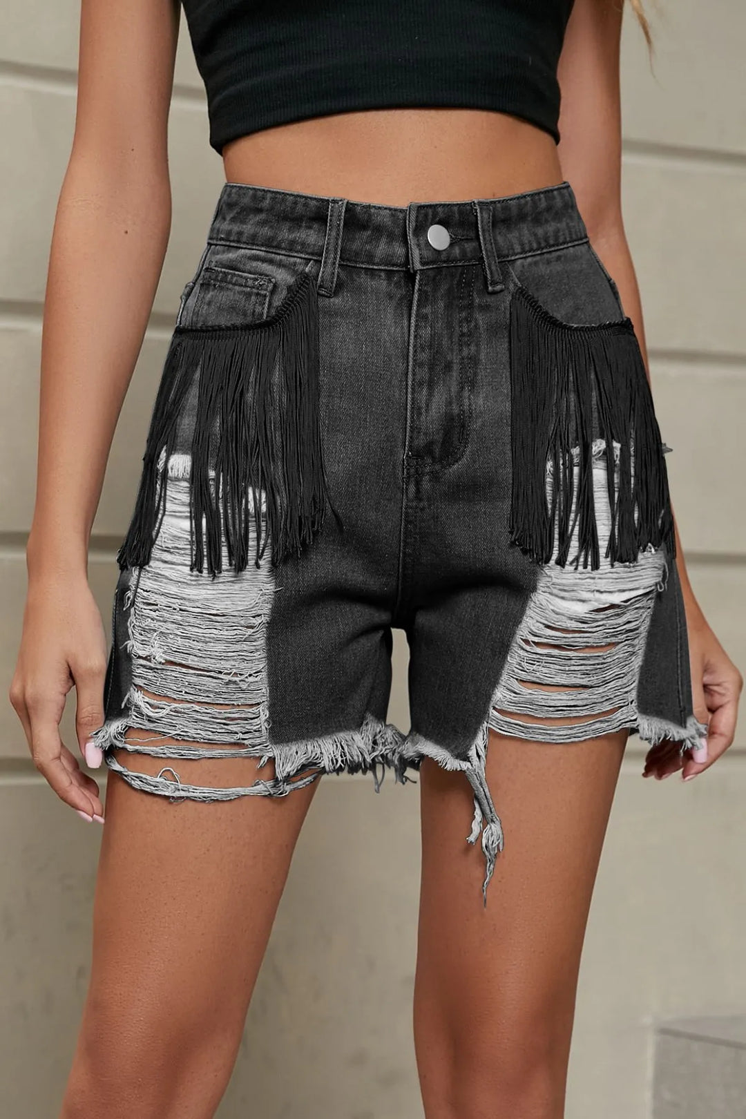 Distressed Fringe Denim Shorts