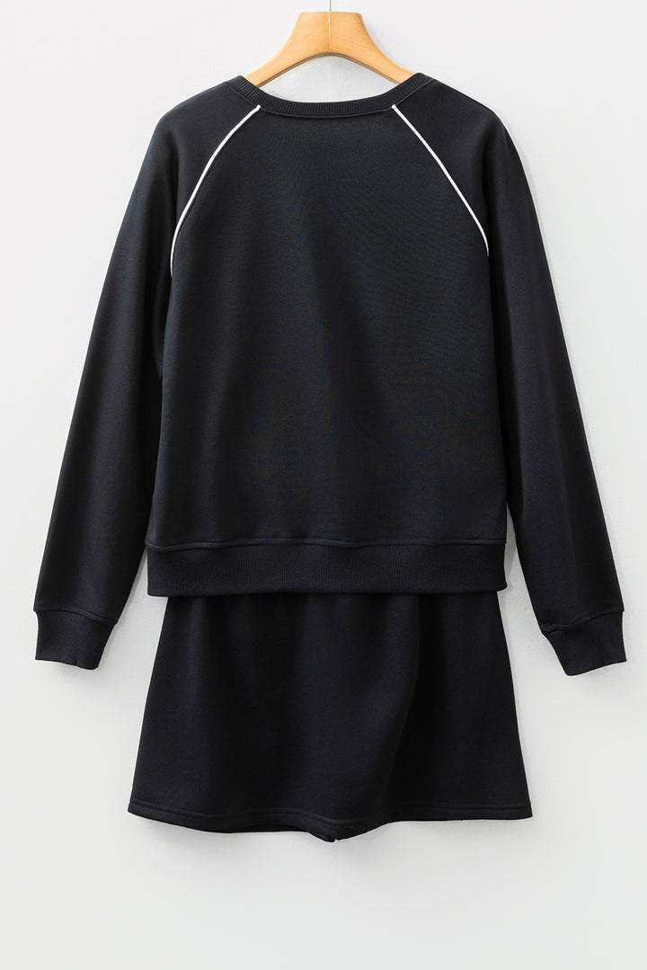 Black Contrast Piping Crewneck Pullover Mini Skirt Set
