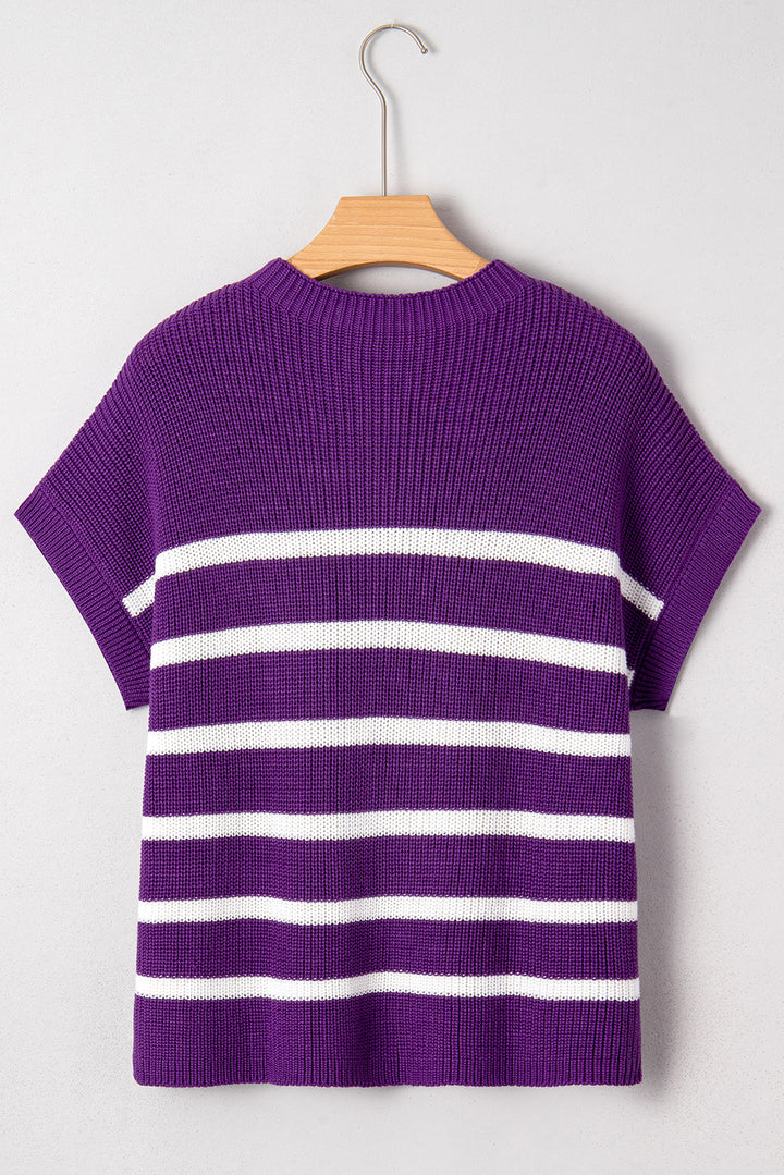 Purple Stripe Raw Edge Patched Pocket Short Sleeve Knit Sweater