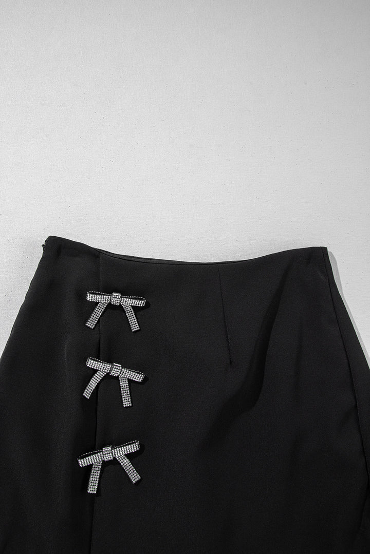 Black Rhinestone Bow Wrap High Waist Mini Skirt