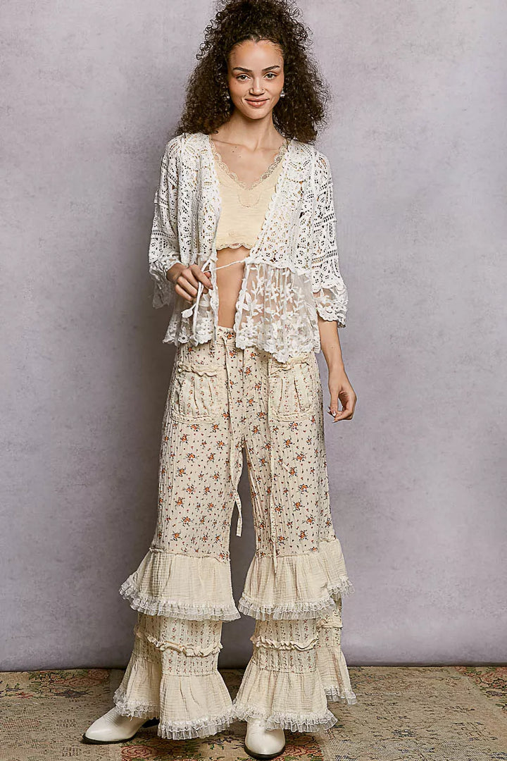 POL Floral Lace Short Sleeve Crochet Cardigan with Tassel Tie
