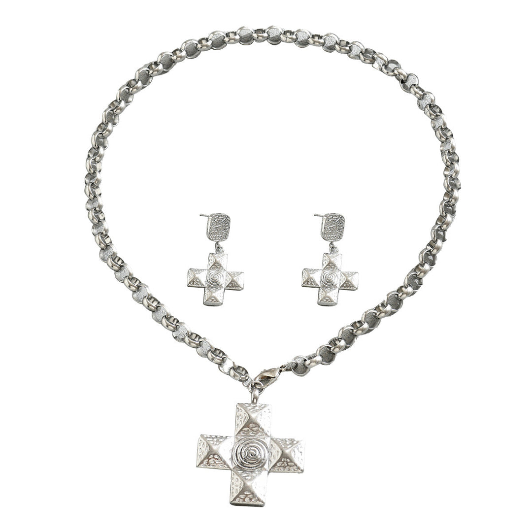 Vintage European American Women Cross Jewelry Set, Unique Niche Design Stud Earrings & Versatile Pendant Necklace For Ladies