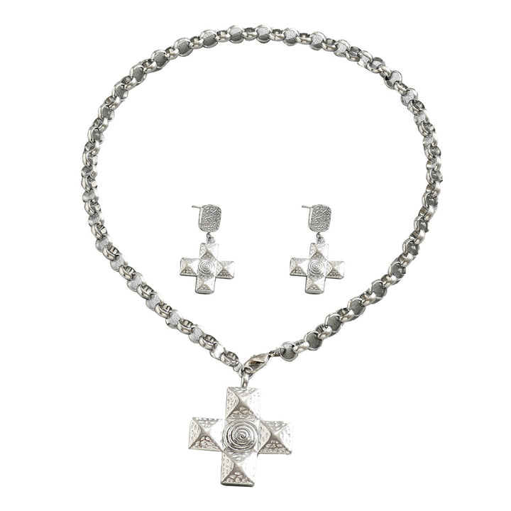 Vintage European American Women Cross Jewelry Set, Unique Niche Design Stud Earrings & Versatile Pendant Necklace For Ladies