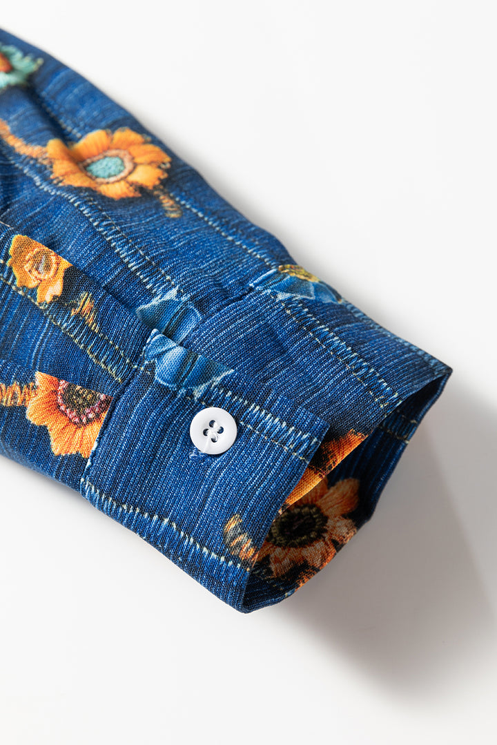 Blue Floral Collared V Neck Roll up Sleeve Shift Blouse