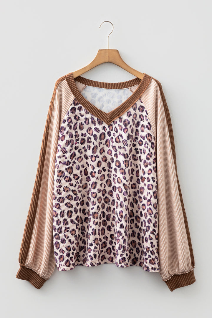 Parchment Leopard Colorblock Patchwork Twist Ribbed Plus Size V Neck Baggy Pullover