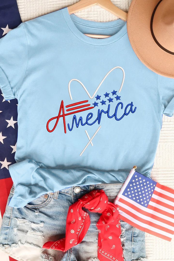 Light Blue Love America Embroidered Graphic Tee