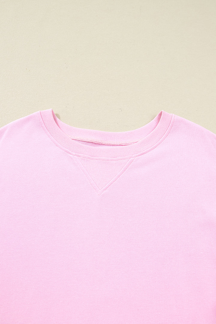 Pink Plus Size Mix Floral Patched Sleeve Ribbed Trim Baggy Sweatshirt