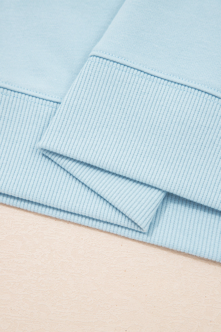 Mist Blue Solid Color Ribbed Trim Short Sleeve Top Drawstring Loose Pants 2pcs Outfit