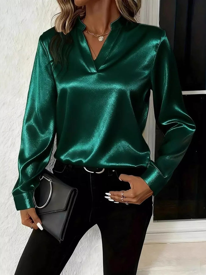 Notched Long Sleeve Blouse